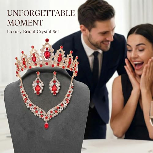 Tiaras and Crowns for Women,Tiaras Earrings Necklace, Crystal Bridal Jewelry Set - color: Gold Red