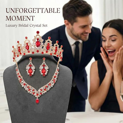 Tiaras and Crowns for Women,Tiaras Earrings Necklace, Crystal Bridal Jewelry Set - color: Gold Red