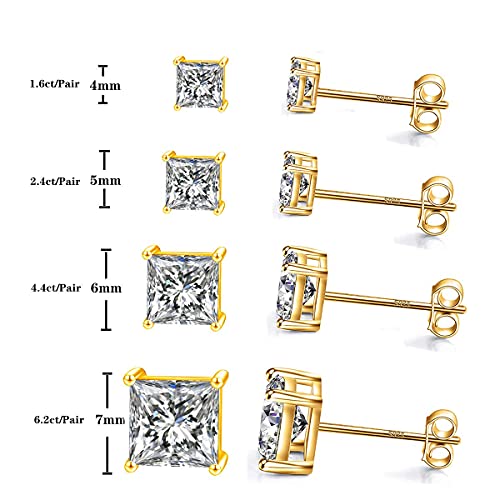 925 Sterling Silver Stud Earrings 4 Prong Princess Cut Square Cubic Zirconia Ear Stud for Women Men CZ 4mm-7mm - style: Yellow Gold--1.60cttw (4mm)