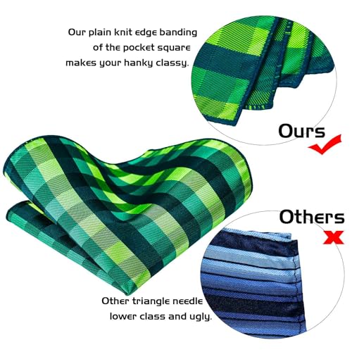 5PCS Mens Silk Tie, Pocket Square, Cufflinks, Drilled Tie Ring and Lapel Pin Set for Wedding Groom Party - color: Green Tie Set -250