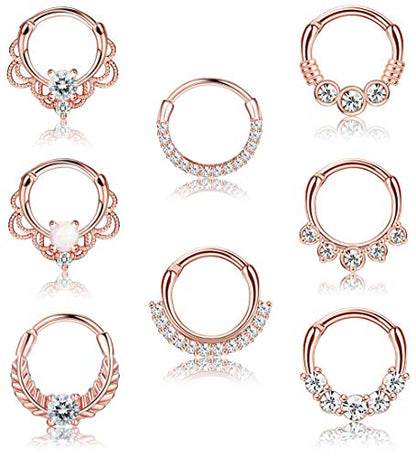 8PCS 16G Septum Clicker Ring Stainless Steel CZ Opal Cartilage Helix Tragus Hoop Daith Earrings Nose Rings Hoop Hinged Segment Clicker Ring Piercing Jewelry - color: rose gold tone 8mm