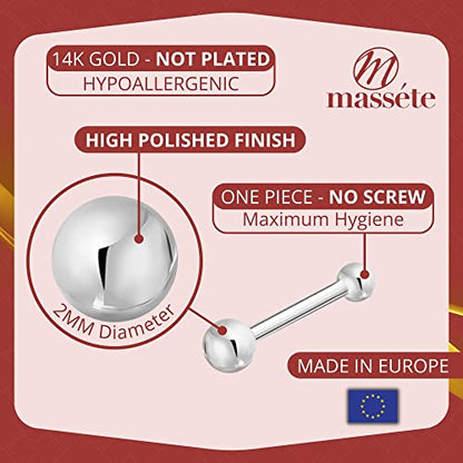 Massete 18k 14k Gold Nose Ring - 20g Nose Stud, Hypoallergenic Threadless Piercings for Women Men, Yellow White Rose Real Gold Standard or Long Nose Rings Studs, CZ or Ball Nose Piercing Jewelry - color: Simulated Diamond & Ball - 14k White Gold - 2 Pack,