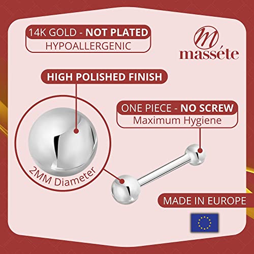Massete 18k 14k Gold Nose Ring - 20g Nose Stud, Hypoallergenic Threadless Piercings for Women Men, Yellow White Rose Real Gold Standard or Long Nose Rings Studs, CZ or Ball Nose Piercing Jewelry - color: Simulated Diamond & Ball - 14k White Gold - 2 Pack,