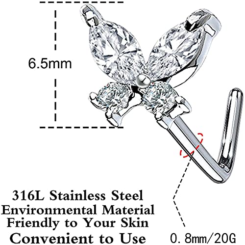 CZ Butterfly Flower Top L Bend Stud Nose Ring 20G L Shaped Nose Studs Nose Hoop Rings Nose Body Piercing for Women Mens - color: white pink