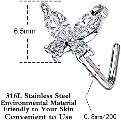 CZ Butterfly Flower Top L Bend Stud Nose Ring 20G L Shaped Nose Studs Nose Hoop Rings Nose Body Piercing for Women Mens - color: white pink