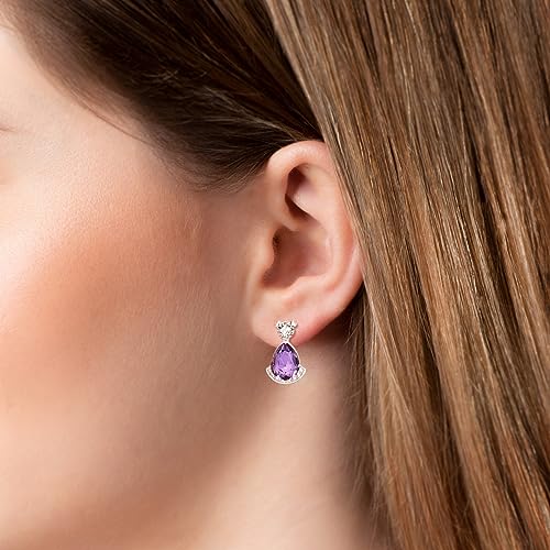 Birthstone Teardrop Crystal Stud Earrings for Women 925 Sterling Silver Solitaire Studs Halo Earrings for Birthday Gifts Teardrop Earrings for women - style: B February