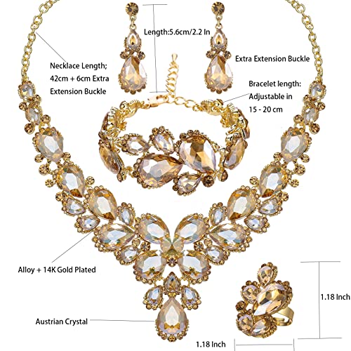 Women's Wedding Bridal Austrian Crystal Glass Teardrop Statement Necklace Dangle Earrings Bracelet Ring Wedding Party Jewelry Set for Bridal Bridesmaid - color: Champagne-Gold Plated