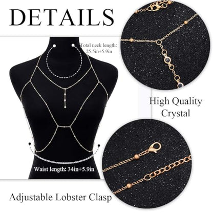 Urieo Sparkly Beads Bra Chain Silver Crystal Chest Chains Rhinestone Layered Sexy Nightclub Beach Rave Body Chain for Women - style: B-gold