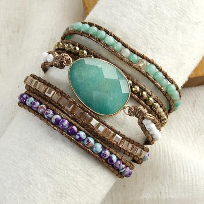 Women Wrap Bracelets Boho Natural Stone Jasper Turquoises Strand Bracelet Jewelry Collection - color: Green #2
