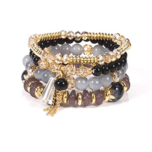 Boho Stackable Jewelry Bracelets for Women 4 Pcs Beaded Stretch Stacking Charm Crystal Bracelet Set Friendship Gifts - color: Black