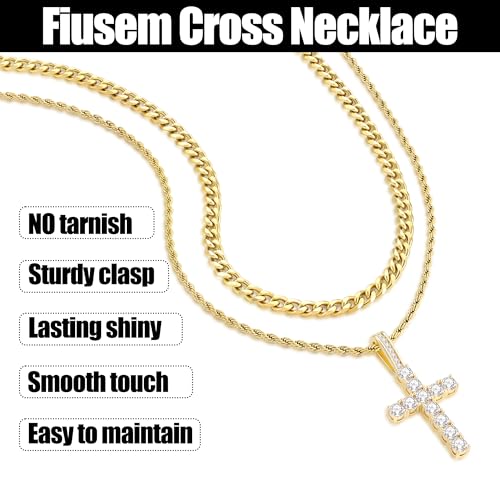 Fiusem Layered Cross Necklace for Men, Stainless Steel Cuban and Rope Chain | Silver Tone/14K Gold Plated Mens Necklace Chain with Cubic Zirconia Cross Pendant - color: Gold, size: 20/22 inches
