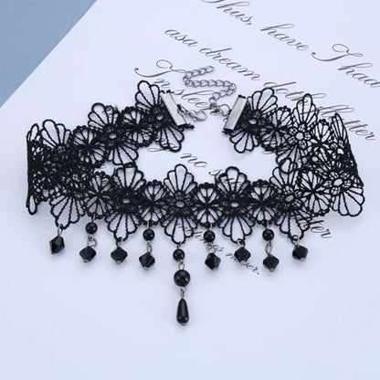 Wide Black Lace Choker Necklace Gothic Lace Pearl Tassel Necklace Short Hollow Flower Tattoo Necklaces Waterdrop Rhinestone Necklaces Halloween Wedding Party Jewelry - style: Style1