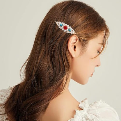 A Pair Wedding Hair Clips, Handmade Floral Design Crystal Hair Clips Pearl Barrettes, Rhinestones Flower Clips Pearl Headpieces Hair Pins Hair Accessories for Women Girls (White Pearl) - color: White Pearl