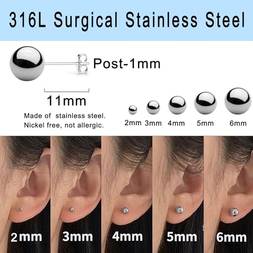 15 Pairs Surgical Steel Ball Stud Earrings Set | Fadeless, PVD Plating, Stainless Steel, Fadeless, Waterproof, High Polish, Hypoallergenic - color: Silver 15Pairs (2-6mm )