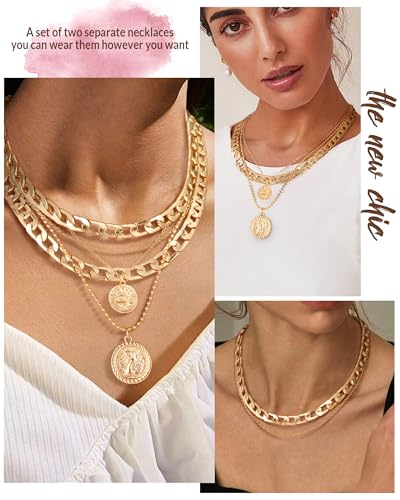 MJartoria Layered Necklaces for Women Trendy Retro Coin Pendant Necklace Dainty Chunky Chain Necklaces for Jewelry Birthday Gifts - color: Gold, style: A-Retro Coin-2PCS