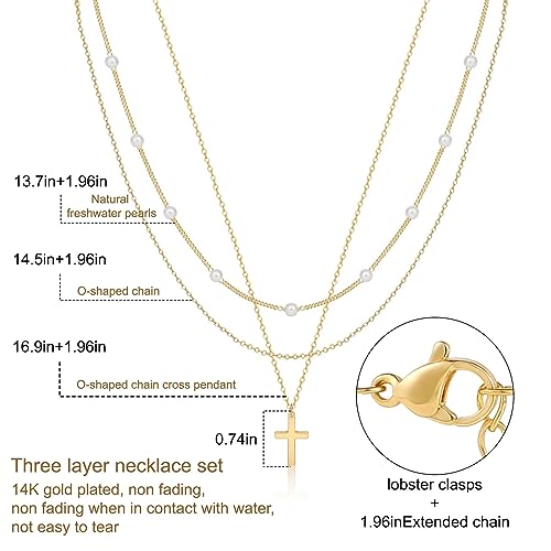 ASCOMY Layered Necklaces for Women Dainty Gold Necklace 14K Gold Plated Herringbone Necklace for Women Pearl Cross Necklace Paperclip Cuban Figaro Rope Satellite Chain Gold Choker Trendy Jewelry Gift - style: 3Layered O Chain Pearl Cross-GD
