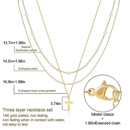 ASCOMY Layered Necklaces for Women Dainty Gold Necklace 14K Gold Plated Herringbone Necklace for Women Pearl Cross Necklace Paperclip Cuban Figaro Rope Satellite Chain Gold Choker Trendy Jewelry Gift - style: 3Layered O Chain Pearl Cross-GD