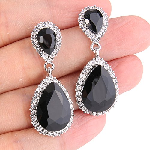 EVER FAITH Women's Austrian Crystal Wedding Tear Drop Dangle Earrings | Bridal Prom Jewelry for Bride Bridesmaid - color: Black Silver-Plated-Base