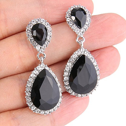 EVER FAITH Women's Austrian Crystal Wedding Tear Drop Dangle Earrings | Bridal Prom Jewelry for Bride Bridesmaid - color: Black Silver-Plated-Base