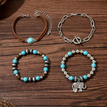 LOTSOF Western Turquoise Beaded Bracelet, Chic Stack Beaded Western Style for Country Concerts, Cowgirl Outfits & Boho Jewelry - color: Elephant Style