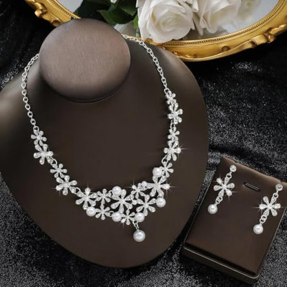 Dainty Faux Pearl Crystal Rhinestone Pendant Necklace Drop Earrings Set for Women,Sparkling Statement Necklace Earrings Romantic Wedding Bridal Jewelry Set