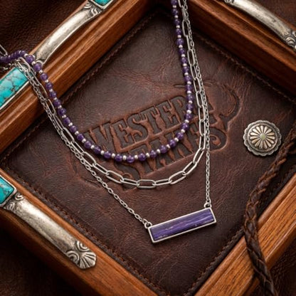 Layered Stone Necklace, Triple Strand Beaded Choker with Paperclip Chain, Boho Western Fashion Jewelry - color: Purple