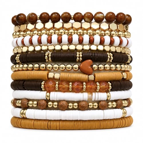 iF YOU 13pcs Boho Brown Gold Beaded Stretch Bracelets for Women, Heishi Clay Surfer Stackable Bracelet Stacks Summer Beach Jewelry - style: White & Brown Clay Bracelets