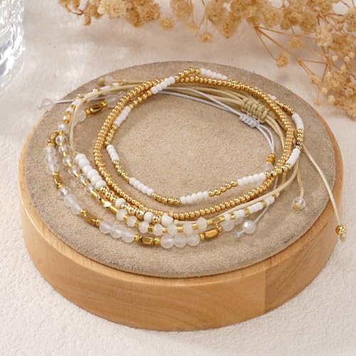 5Pcs Stack Gold Plated Ball Beaded Bracelets Set for Women, Boho Handmade Colorful Glass Pearl Stretch Accessories Jewelry, Summer Beach Daily Wear Holiday Friendship Gift - color: White Gold
