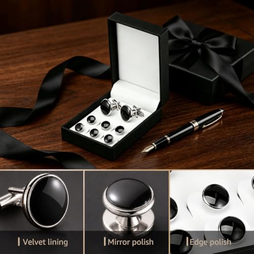 Cufflinks and Studs Set, Copper Formal Mens Cuff Links with Gift Box, Suitable for Black Suit White Shirts Vest and Red Bow tie on Wedding or Anniversary and Birthday