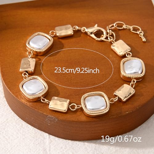 14K Gold & Silver Plated Lightweight Link Bracelet for Women | Stackable Bracelets ,14K Gold Plated Bracelets with CZ,Lightweight Trendy Chain Bracelet Jewelry Gift - style: square&pearl