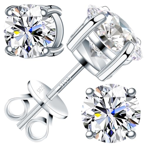 Moissanite Earrings for Men Women, 0.2ct-3.0ct Men 925 Sterling Silver Earrings, Round Cut Diamond Stud Earrings for Women - color: White Gold, size: 1.0 Carat-(0.5ct*2)-5.0mm