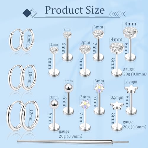 Flat Back Stud Earrings Cartilage Earrings for Women Men Hypoallergenic Threadless Flat Back Earring Surgical Steel Earring Tragus Helix Labret Lip Medusa Conch Body Piercing Jewelry - color: Sliver-20G(0.8mm)