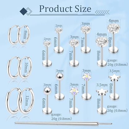 Flat Back Stud Earrings Cartilage Earrings for Women Men Hypoallergenic Threadless Flat Back Earring Surgical Steel Earring Tragus Helix Labret Lip Medusa Conch Body Piercing Jewelry - color: Sliver-20G(0.8mm)