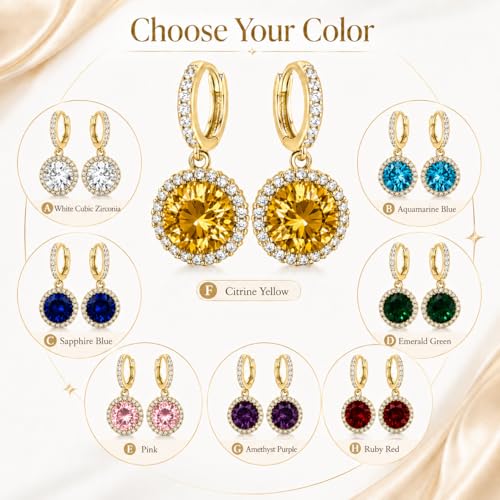 14K Gold Plated Hoop Dangle Earrings for Women, Hypoallergenic Colorful Cubic Zirconia Drop Earrings, Lightweight Huggie Earrings for Women - color: Gold/Citrine Yellow