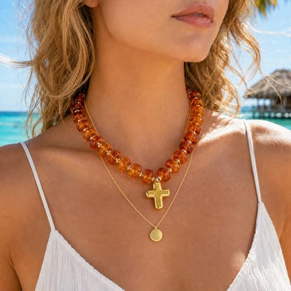 Colorful Resin Chunky Beaded Necklace for Women Modern Statement Choker Necklace with Gold Tone Cross Pendant Boho Summer Jewelry Gift - color: Amber Brown-1