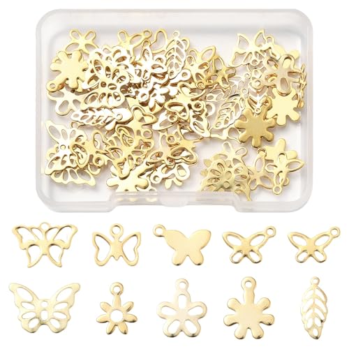 8-64Pcs Silver Goldern Color Heart Pendants Charms 10 Styles Heart Stainless Steel Metal Charms for Jewelry Making Crafting Necklaces Bracelets Earrings Keychains Birthday Gift - color: Golden 3 Shapes-60 pcs
