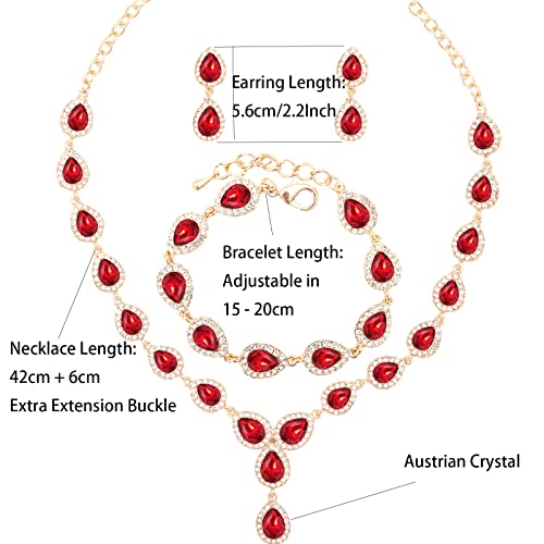 Austrian Crystal Rhinestone Necklace Dangle Earrings Link Bracelet Jewelry Set for Brides Bridesmaid Prom Costume Accessories for Women - color: Red-Gold Plated