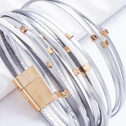 Stackable Beaded Leather Wrap Bracelet Boho Western Country Beach Jewelry | Layered Bead Stack Multi Strand Magnetic Clasp Cuff Bangle Bohemian Hippie Cowgirl Fashion Summer Vacation Outfits for Women - color: Silver