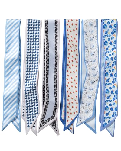 ZXZH 6 Pack Fashion Scarves for Women, Versatile Boho Head Scarf | Satin Scarf for Hair, Neck, Wrist, and Purse Accessories - color: Sweet Blue Print