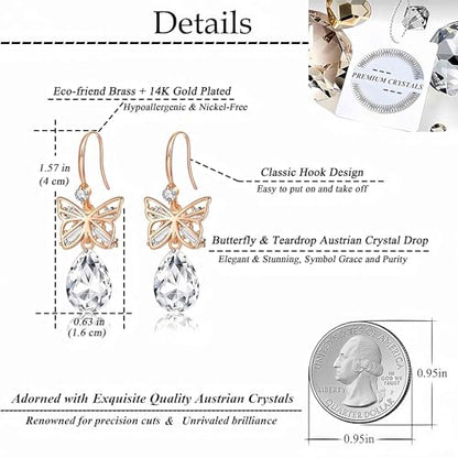 Austrian Crystal Teardrop Butterfly Drop Dangle Earrings for Women 14K Rose Gold Plated Hypoallergenic Jewelry - color: Clear White