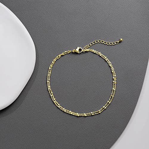 Dainty Simple Chain Anklet for Women 18k Gold/Silver Plated Summer Beach Beaded Evil Eye Moon Figaro Butterfly Satellite Cuban Pearl Flat Marina Anklet Gift - color: square dot-GD