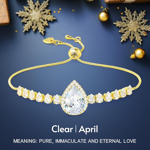 Linawe Crystal Imitation Diamond Rhinestone Charm Bracelets for Women, Gold/Silver/Rose Gold Adjustable Chain Bracelet, Teardrop Birthstone Cubic Zirconia Prom Costume Wedding Jewelry - color: Gold,April