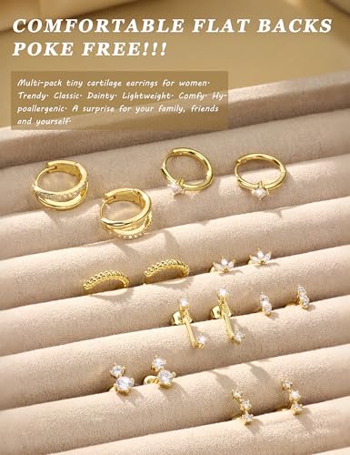 Gold Earrings for Women Flat Back Earrings Hypoallergenic Earring Stacks | 14K Gold Plated Surgical Stainless Steel Earring Set Chain Cartilage Earrings - Helix Piercing Jewelry for Women Trendy Gold - color: Gold 1