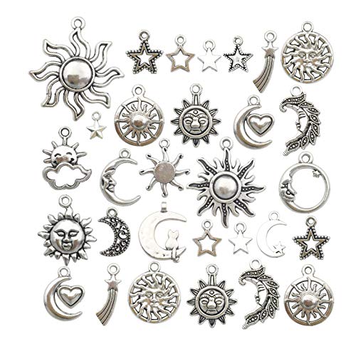 100g(80pcs) Craft Supplies Mixed Antique Silver Sun Moon Stars Charms Pendants for Crafting, Jewelry Findings Making Accessory for DIY Necklace Bracelet (M250) - color: M250