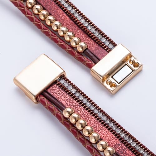 Chunky Boho Leather Wrap Bracelets Cowgirl Beaded Circle Western Jewelry | Stackable Infinity Layered Bohemian Magnetic Clasp Cuff Statement Fashion Colorful Country Hippie Outfits for Women Trendy - color: Burgundy