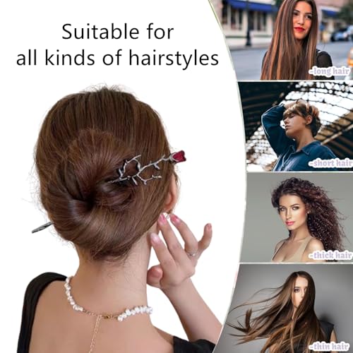 4 Pcs Rose Metal Hair Sticks Exquisite Flower Metal French Hair Pin for Women Styling Accessories, Wedding and Party Headpieces