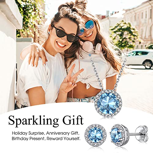 Bestyle Sparkling 925 Sterling Silver Birthstone Stud Earrings for Women, Heart/Round/Teardrop/Square Solitaire Diamond Studs Earrings, Great Birthday/Christmas Gifts - style: 03. Blue Aquamarine-Mar.-round