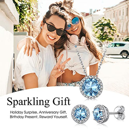 Bestyle Sparkling 925 Sterling Silver Birthstone Stud Earrings for Women, Heart/Round/Teardrop/Square Solitaire Diamond Studs Earrings, Great Birthday/Christmas Gifts - style: 03. Blue Aquamarine-Mar.-round