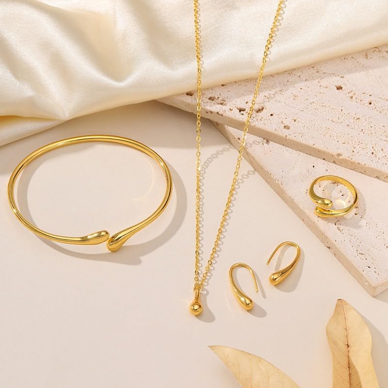 QiaTsed Women's Jewelry Set Gold Teardrop Jewelry Set Statement Elegance Jewelry with Necklace Bracelet Ring Earrings Ideal Jewelry Gift for Women - color: Gold