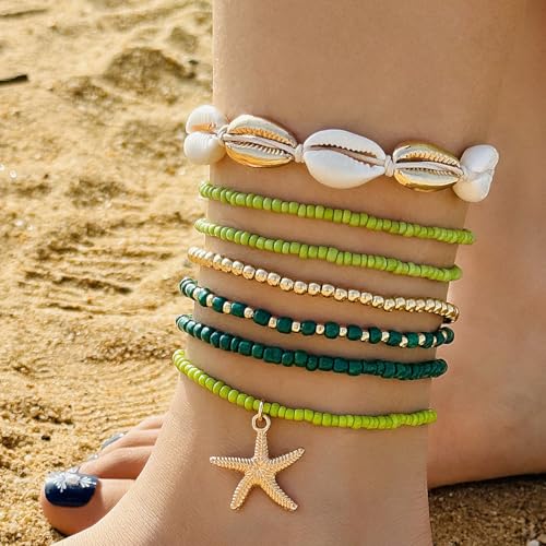 Bohemian Stackable Shell Beaded Ankle Bracelets for Women Colorful Boho Multi-Layer Seashell Gold Starfish Adjustable Handmade Braid Bracelet Summer Beach Holiday Accessories Gifts - color: Green
